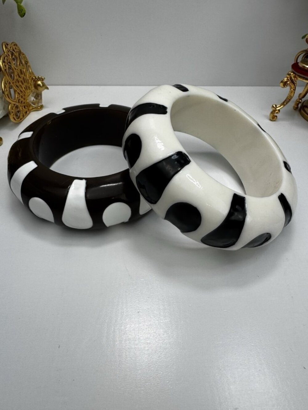 ZARA Black- Brown & White Resin Bangle Bracelet Set Modern Bold Statement Style